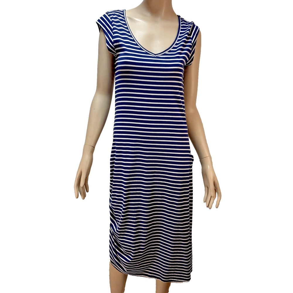 Toad & Co Muse Midi Dress Cinch Side Size‎ M Blue Stripe Organic Cotton Pocket